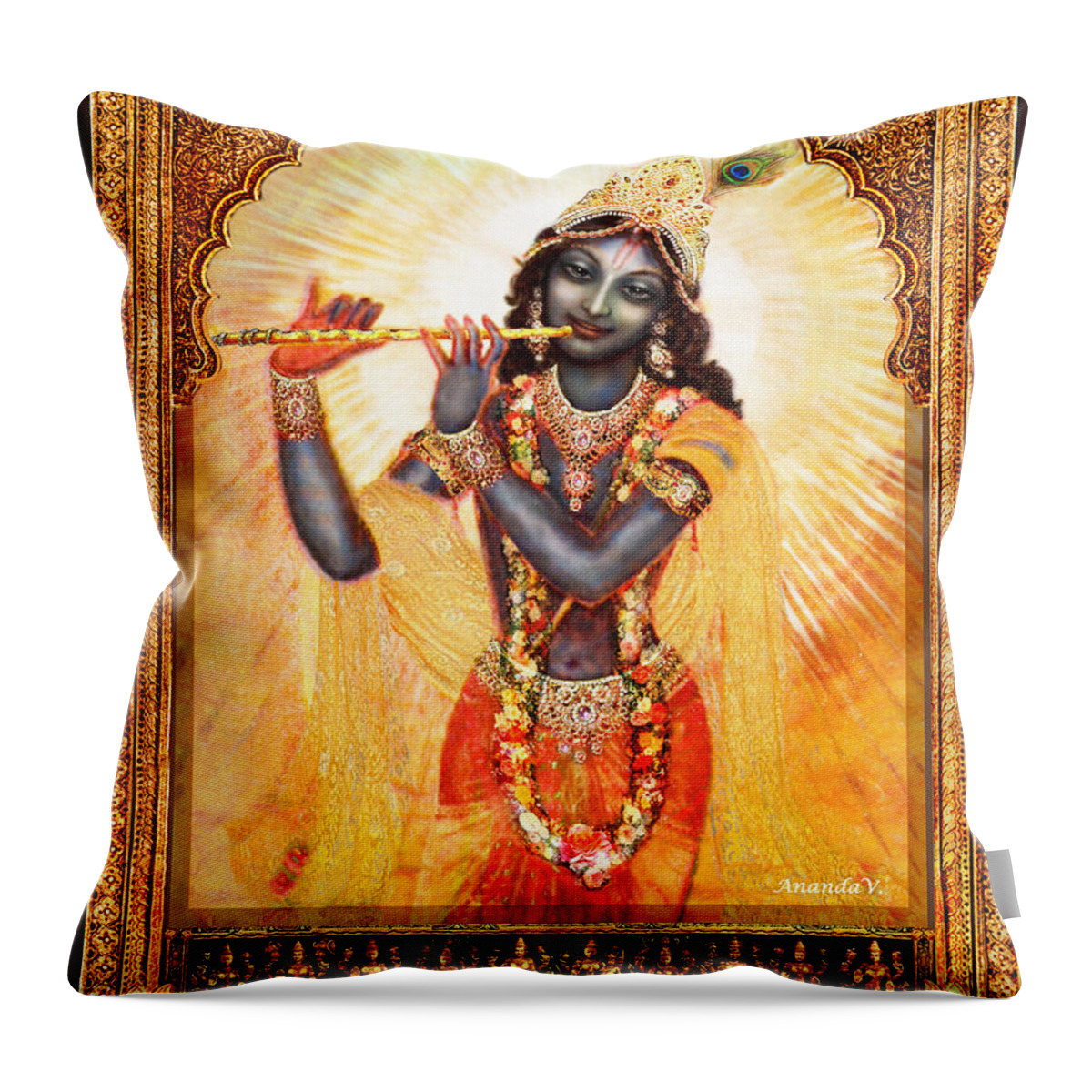 Krishna Throw Pillow featuring the mixed media Krishna with the Flute #2 by Ananda Vdovic