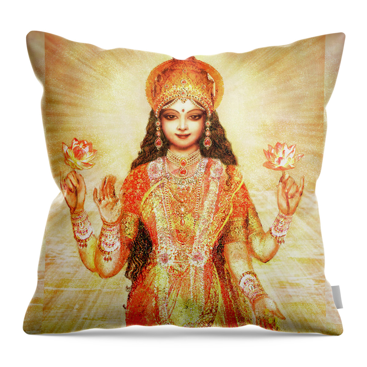 Lakshmi Throw Pillow featuring the mixed media Lakshmi the Goddess of Fortune and Abundance #2 by Ananda Vdovic