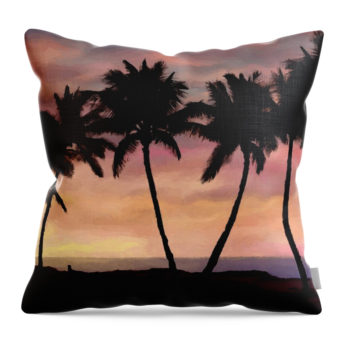 Hawaiian Sunset Throw Pillow featuring the painting Palm Tree Sunset with Canoe #2 by Stephen Jorgensen