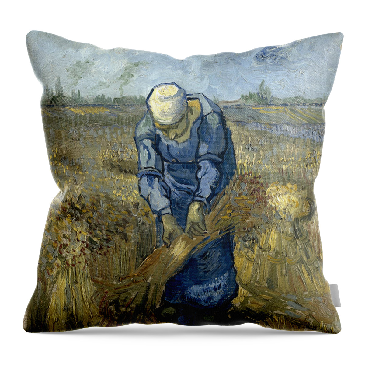 Vincent Van Gogh Throw Pillow featuring the painting Peasant Woman Binding Sheaves #2 by Vincent Van Gogh