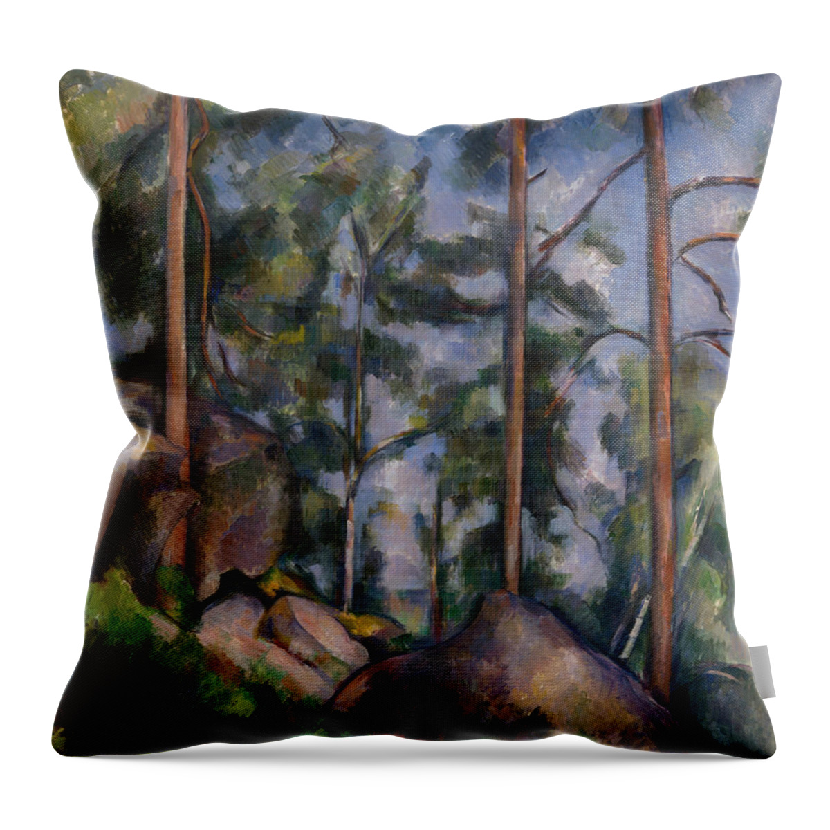 Paul Cezanne Throw Pillow featuring the painting Pines and Rocks, from 1897 by Paul Cezanne