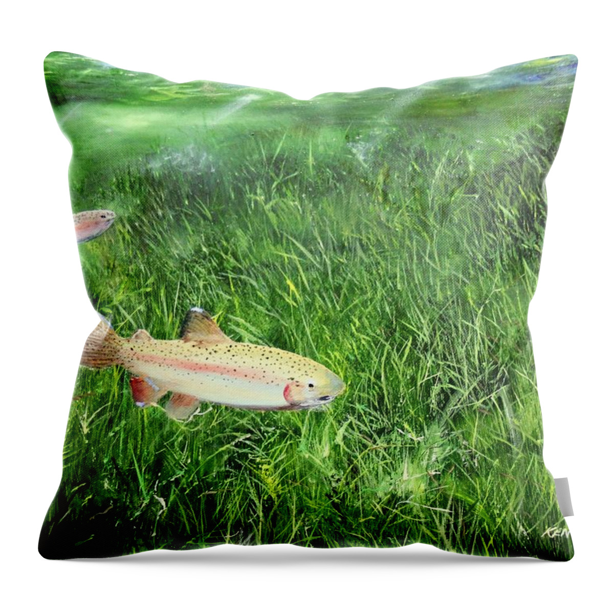 Trout Throw Pillow featuring the painting Rainbow Trout #3 by Ken Ahlering
