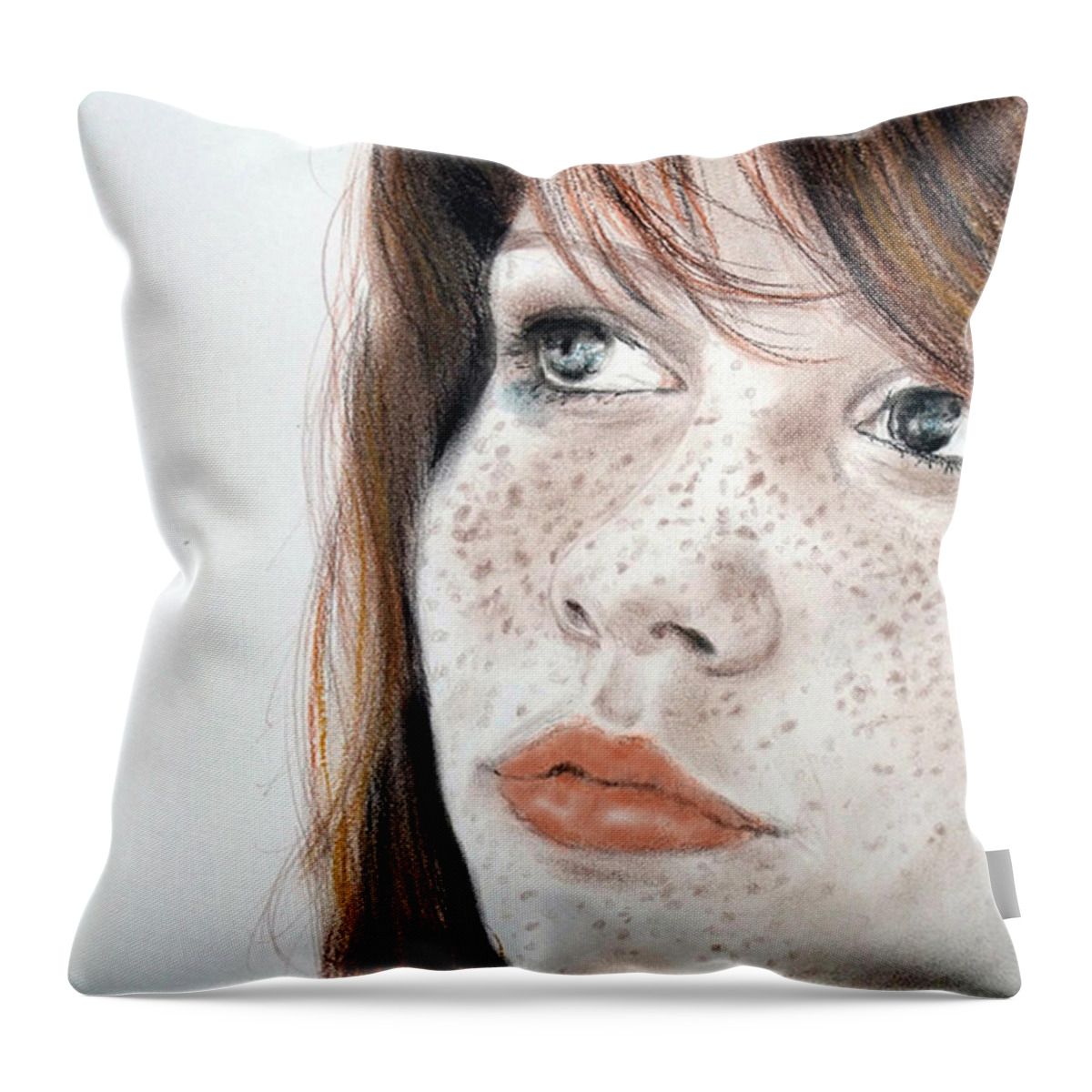 Red Hair Throw Pillow featuring the pastel Red Hair and Freckled Beauty #2 by Jim Fitzpatrick