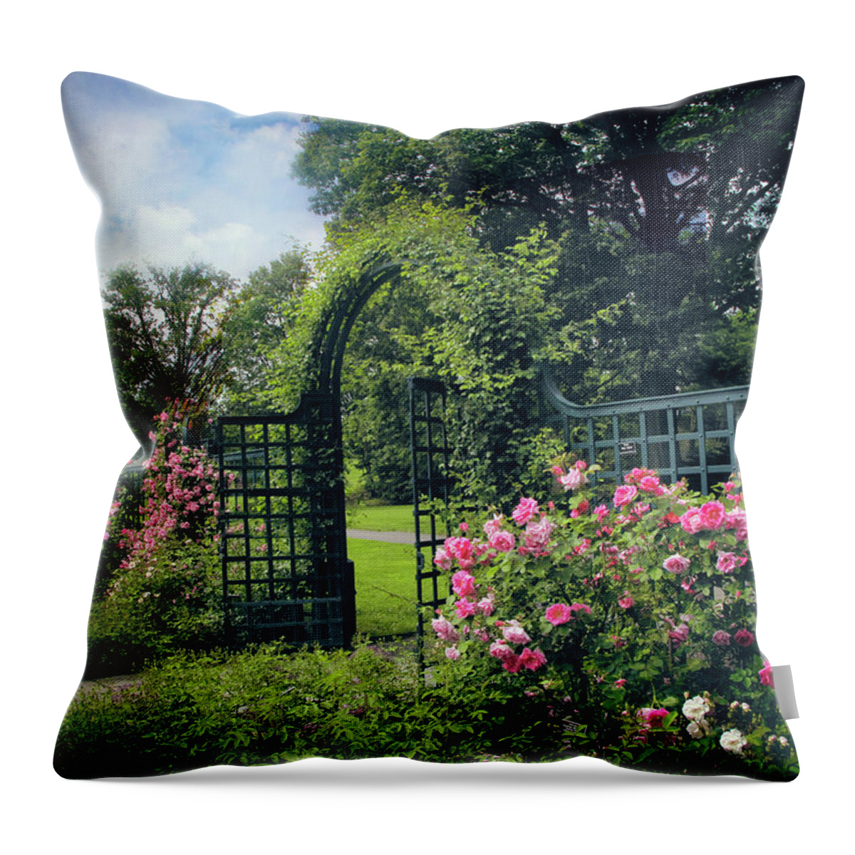 New York Botanical Garden Throw Pillow featuring the photograph Rose Garden Gate #2 by Jessica Jenney
