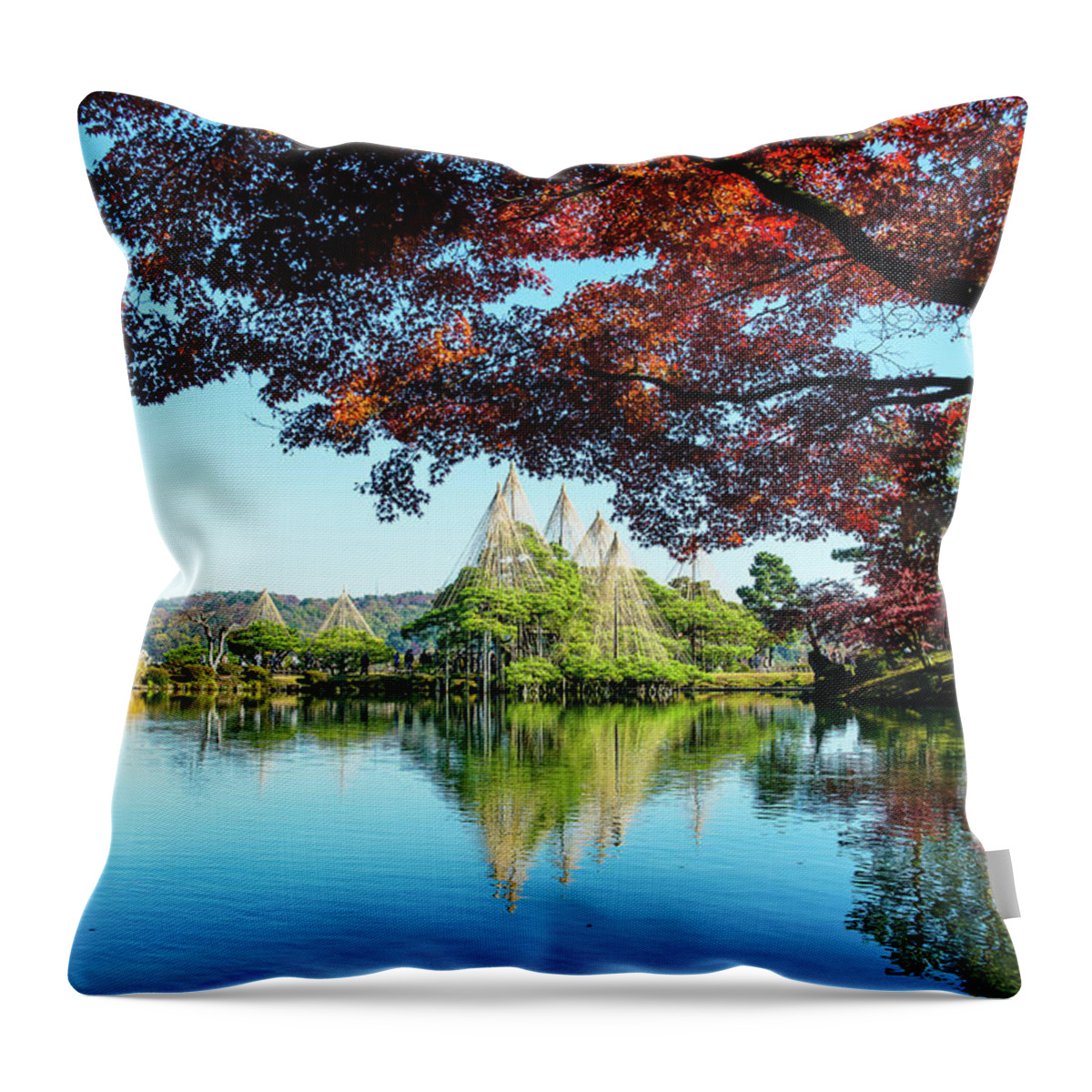 Landscape Throw Pillow featuring the photograph Snow Guard - Kenroku Park #2 by Hisao Mogi