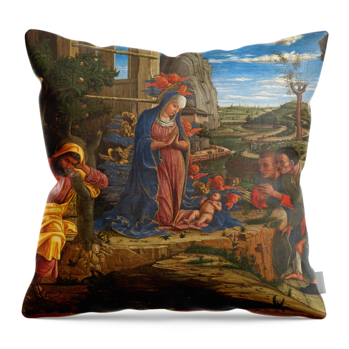 Andrea Mantegna Throw Pillow featuring the painting The Adoration of the Shepherds #4 by Andrea Mantegna