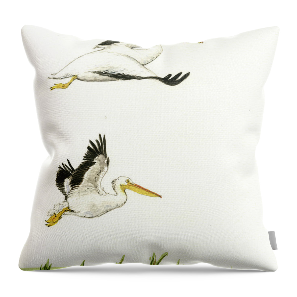 Pelican Art Throw Pillow featuring the painting The Fox And The Pelicans #2 by Juan Bosco