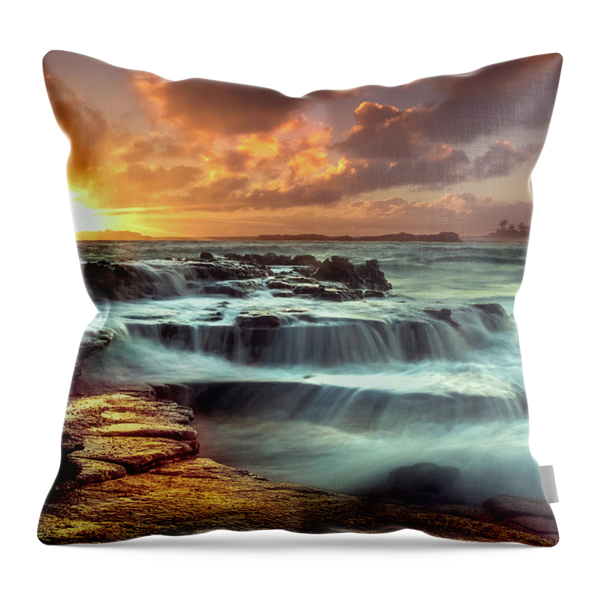 Oahu Hawaii Sunset Seascape Shoreline Clouds Ocean Throw Pillow featuring the photograph The Golden Hour #2 by James Roemmling