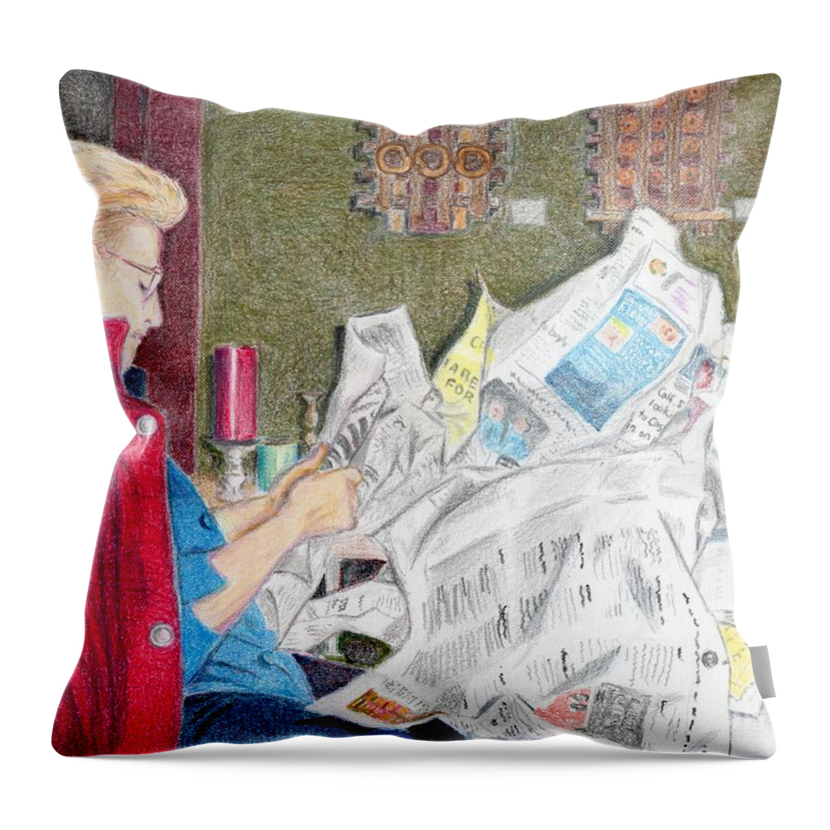 Unwrapping Throw Pillow featuring the drawing Unwrap #2 by Yoshiko Mishina
