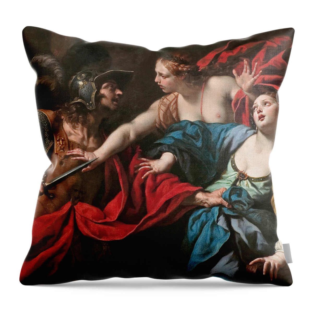 Luca Ferrari Throw Pillow featuring the painting Venus preventing her son Aeneas from killing Helen of Troy #1 by Luca Ferrari