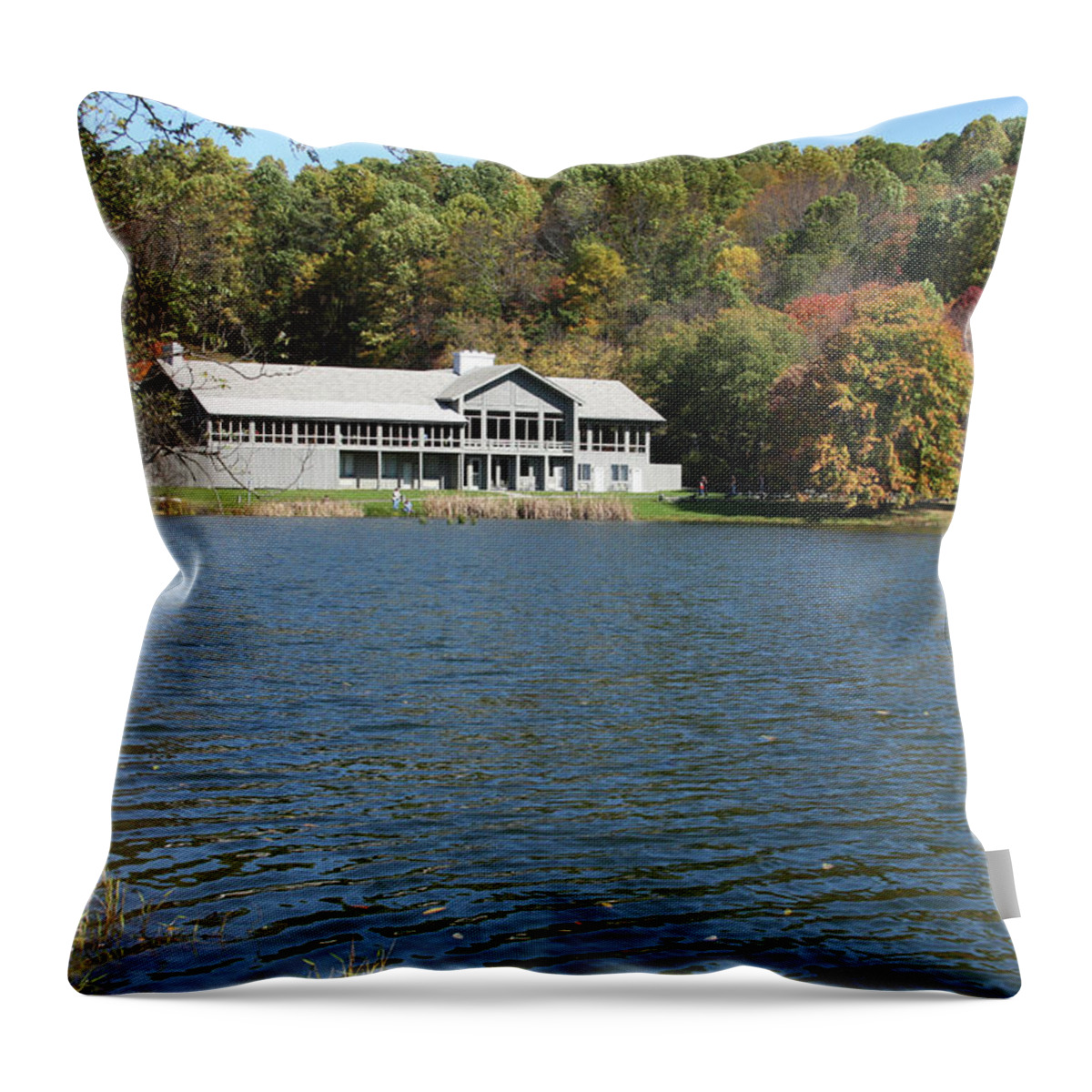 Lake Throw Pillow featuring the photograph View of Peaks of Otter lodge and Abbott Lake in autumn #2 by Emanuel Tanjala