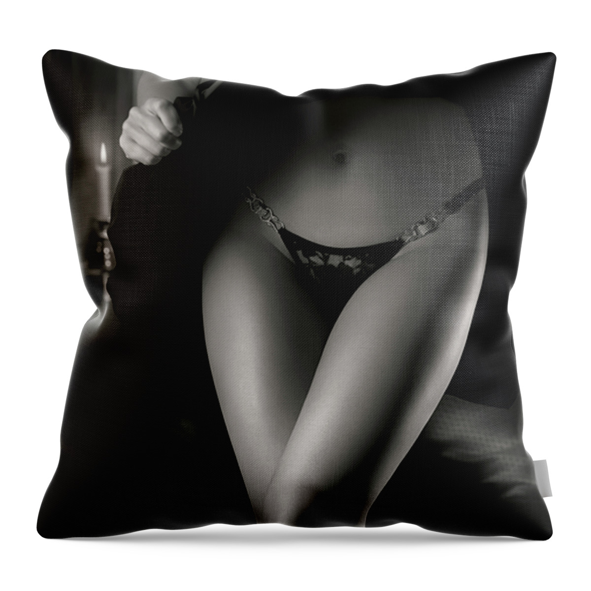 Lingerie Throw Pillow featuring the photograph Woman Wearing Black Lacy Panties #2 by Maxim Images Exquisite Prints