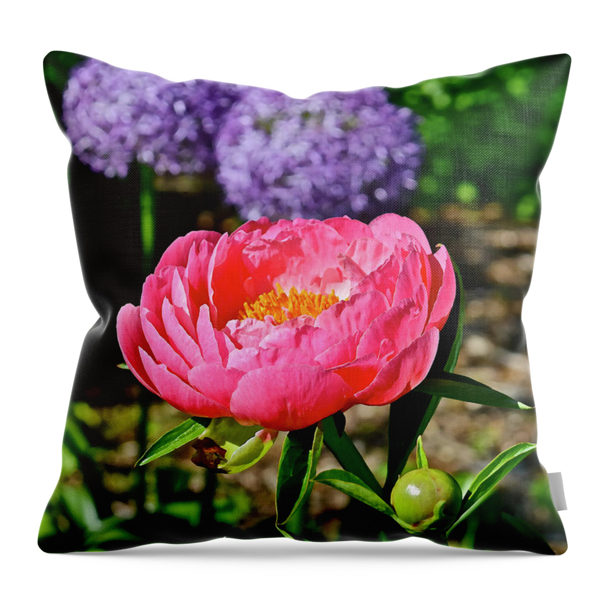 Peony Throw Pillow featuring the photograph 2016 Late May Coral Supreme Peony by Janis Senungetuk