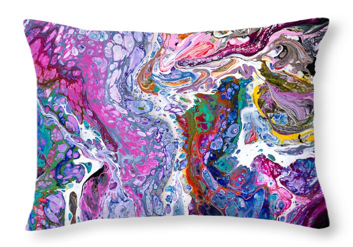  Vibrant Colorful Funky Original Contemporary Blue And Purple Dominate Joined By Every Other Color And Black And White Accents Throw Pillow featuring the painting #217 Strange Pour Fav #217 by Priscilla Batzell Expressionist Art Studio Gallery