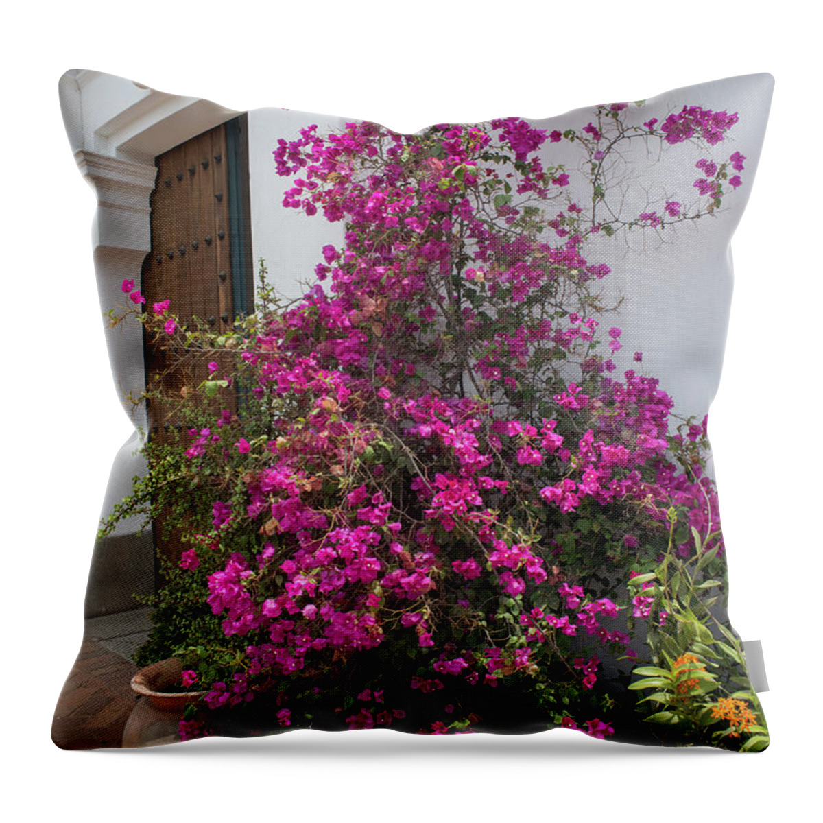 Bougainvillea Throw Pillow featuring the digital art Museo Larco Gardens #23 by Carol Ailles