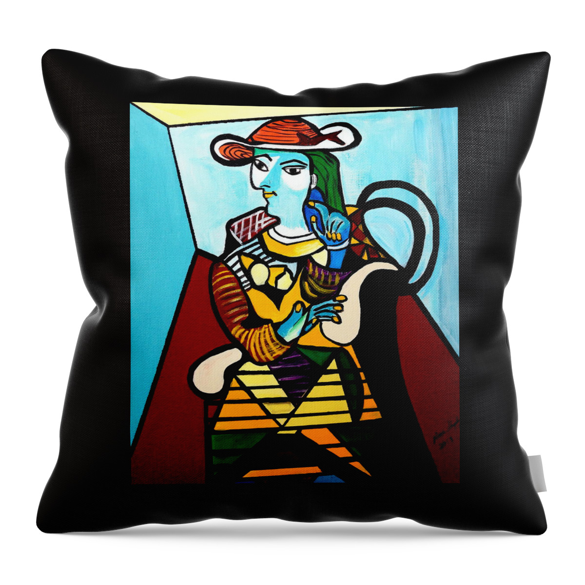 Picasso By Nora Throw Pillow featuring the painting Man In Chair Picasso by Nora Shepley