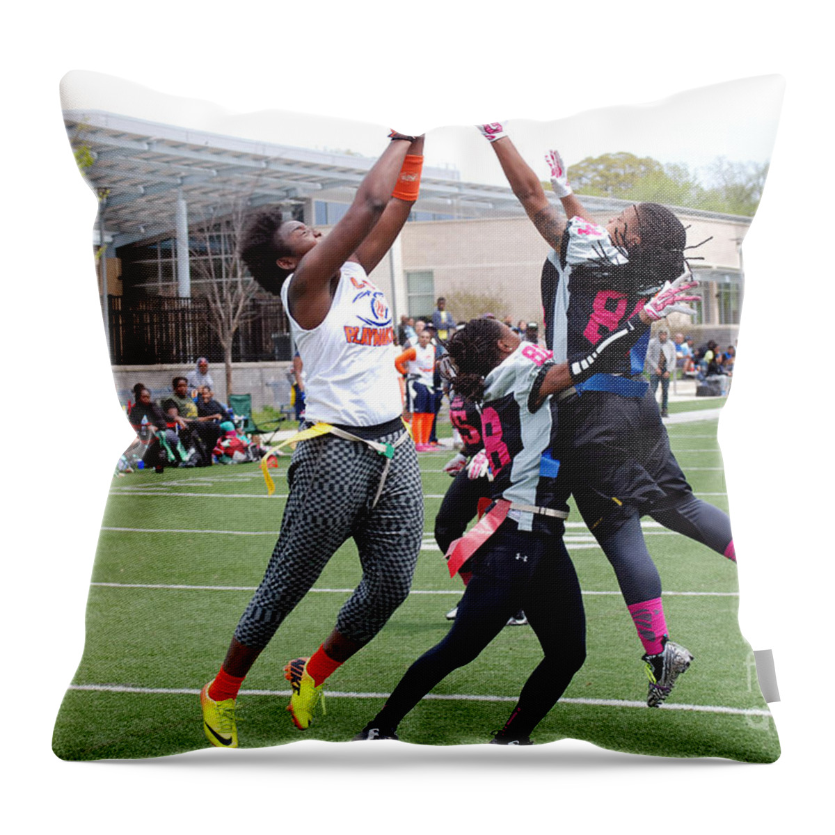 Women's Football Throw Pillow featuring the photograph Lady Playmakers vs Lady Dominators #25 by Rebecca Armermann