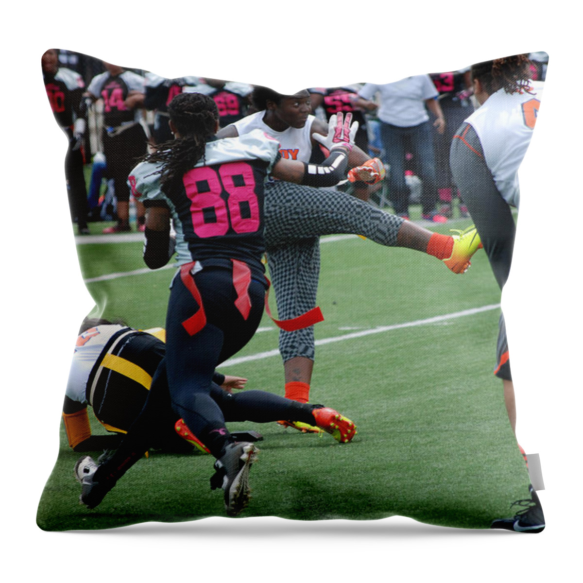 Women's Football Throw Pillow featuring the photograph Lady Playmakers vs Lady Dominators #26 by Rebecca Armermann