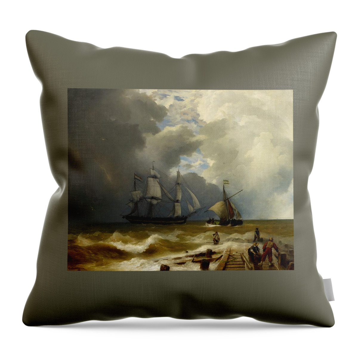 Andreas Achenbach Throw Pillow featuring the painting At the Jetty #3 by Andreas Achenbach