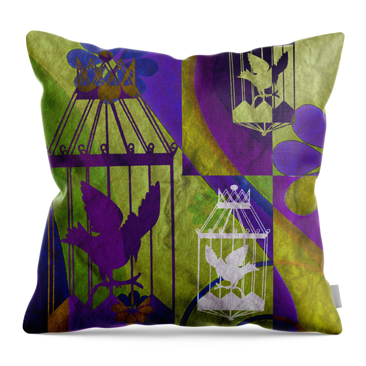Silhouette Throw Pillow featuring the mixed media 3 Caged Birds by Angelina Tamez