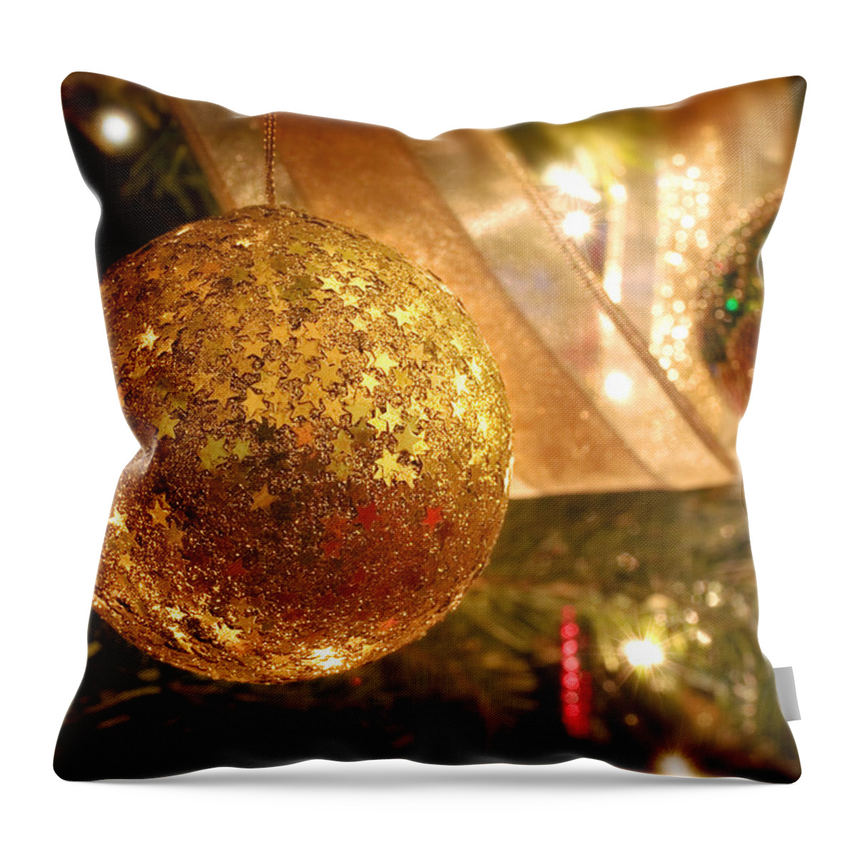 Christmas Card Xmas Tree Pine Spruce Decorations Ribbon Baubles Fairy Lights Needles Victorian Throw Pillow featuring the photograph Christmas Tree Decorations #3 by Mal Bray