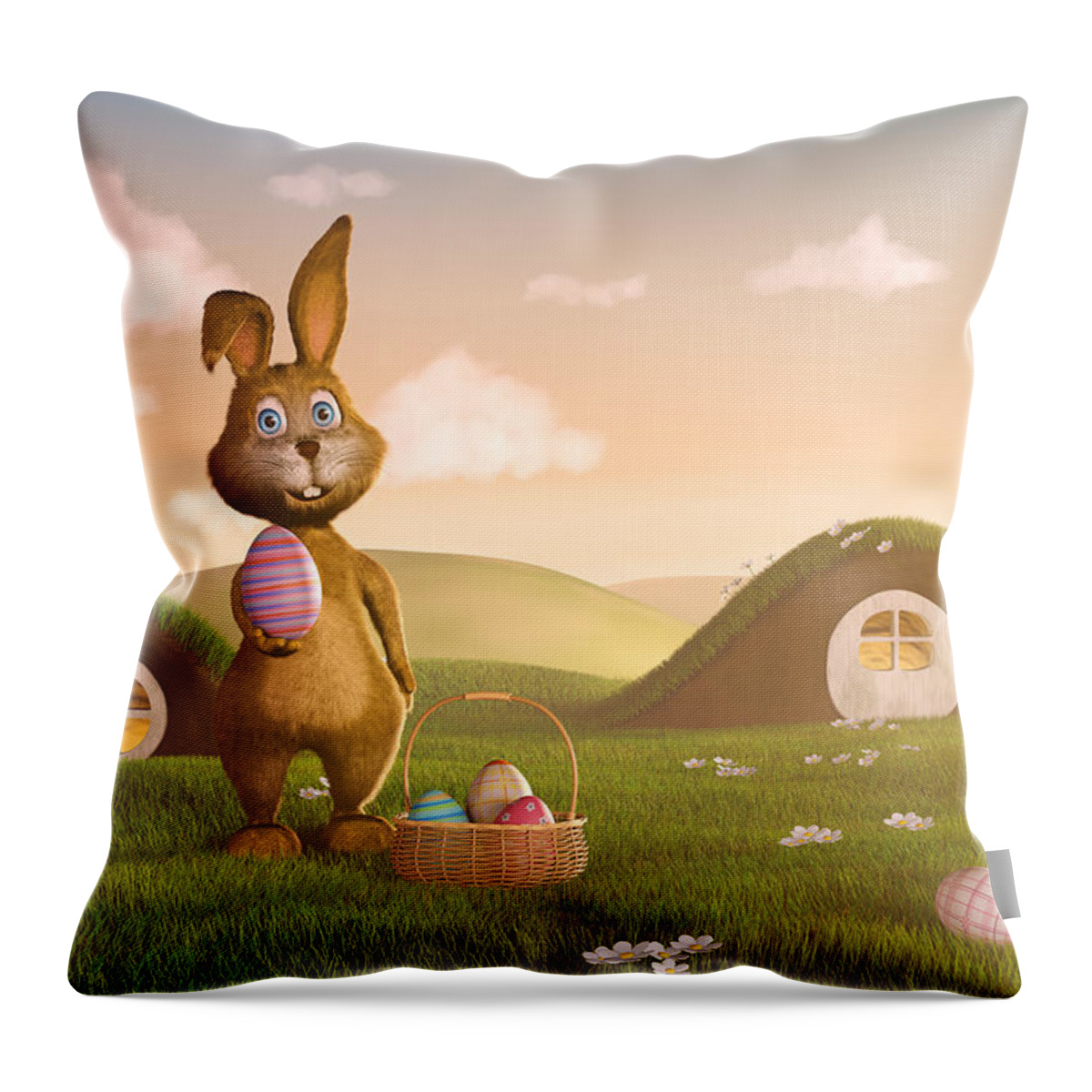 Easter Throw Pillow featuring the digital art Easter bunny with a basket and Easter eggs #3 by Sara Winter