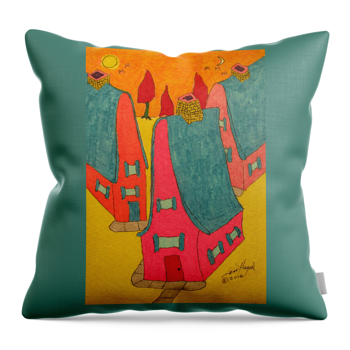 Hagood Throw Pillow featuring the painting 3 Homes With Three Red Trees by Lew Hagood
