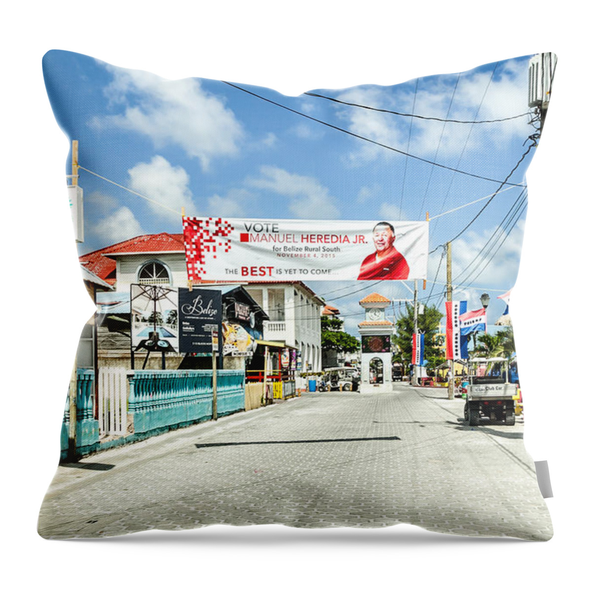 Ambergris Caye Throw Pillow featuring the photograph Street Scene of San Pedro #4 by Lawrence Burry
