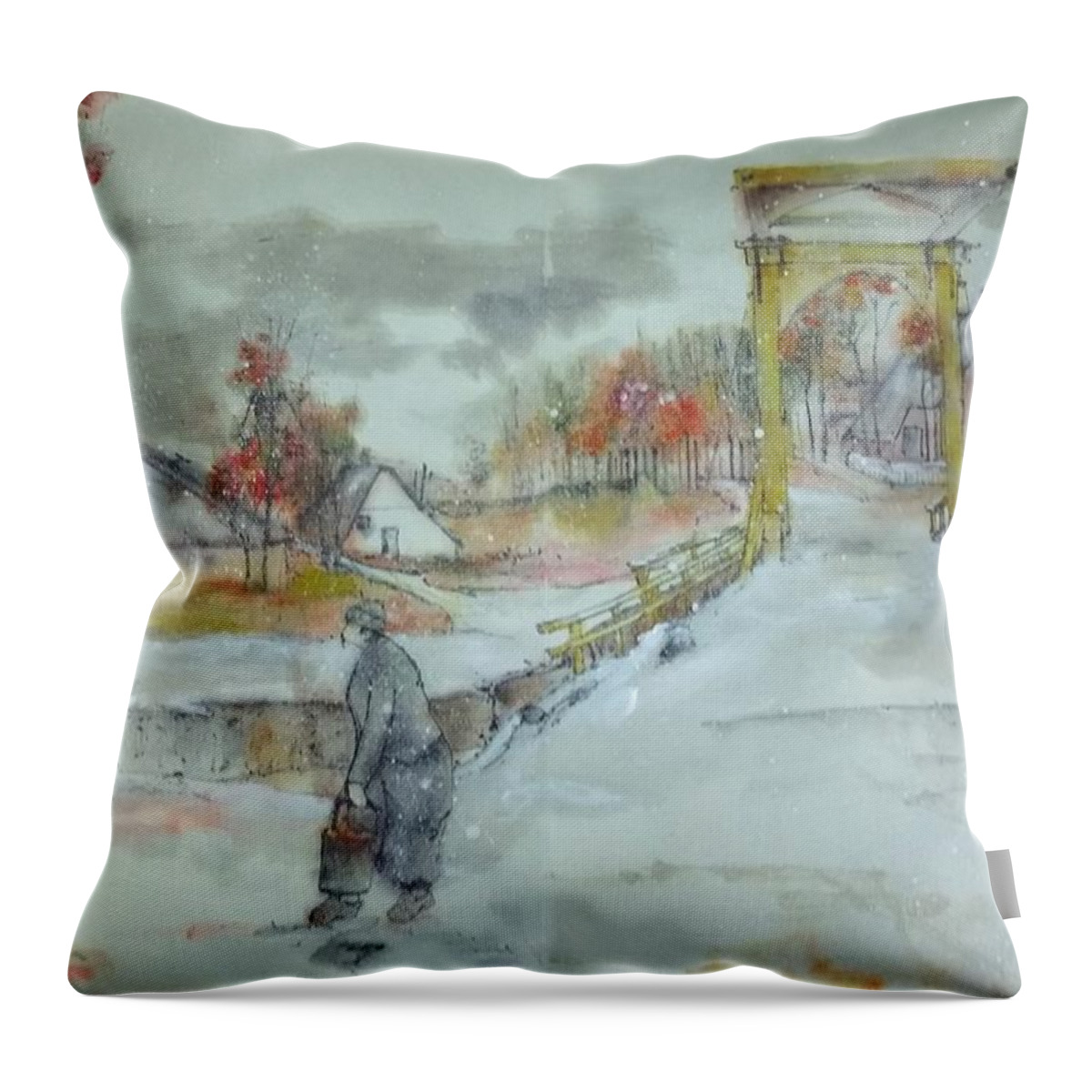 Van Gogh. Artist. Landscape.winter. 1883 Throw Pillow featuring the painting Van Gogh in Chinese style album #3 by Debbi Saccomanno Chan