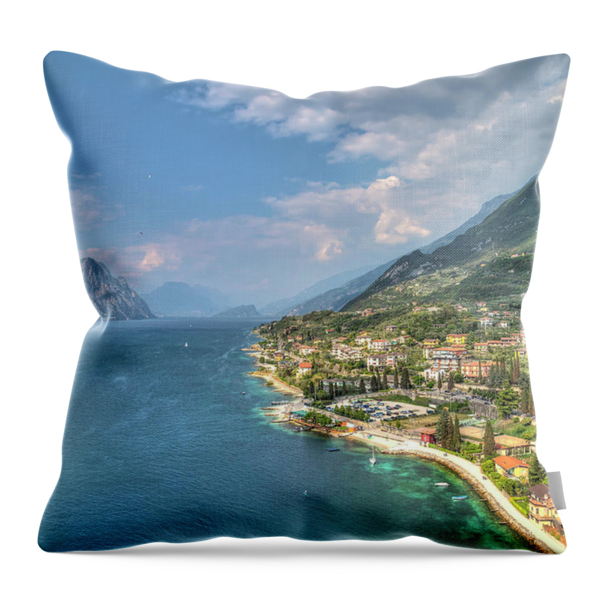 Architecture Throw Pillow featuring the photograph view over the Lake Garda with the charming village Malcesine #3 by Gina Koch