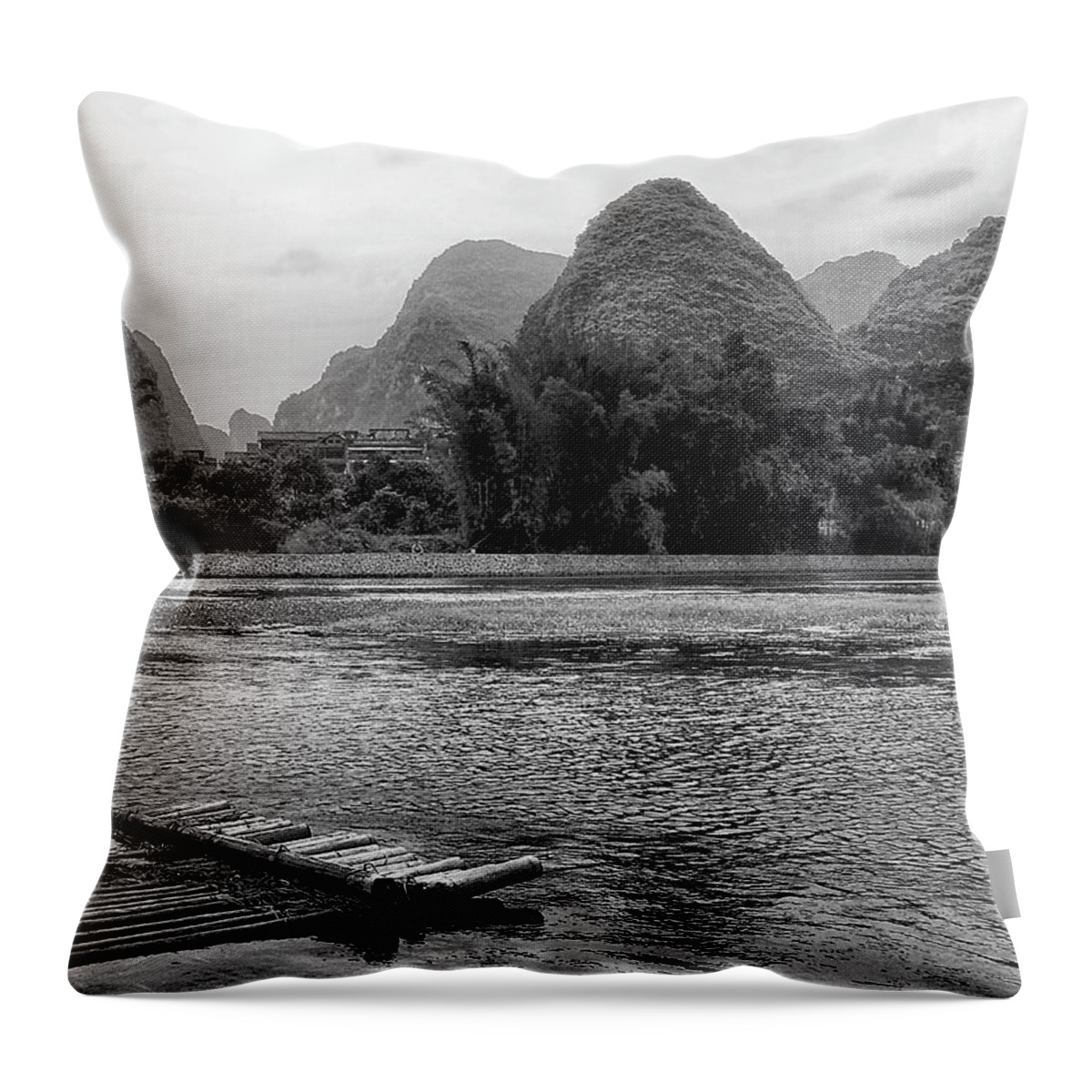 China Throw Pillow featuring the photograph Yulong River drifting -ArtToPan- China Guilin scenery-Black and white photograph #3 by Artto Pan