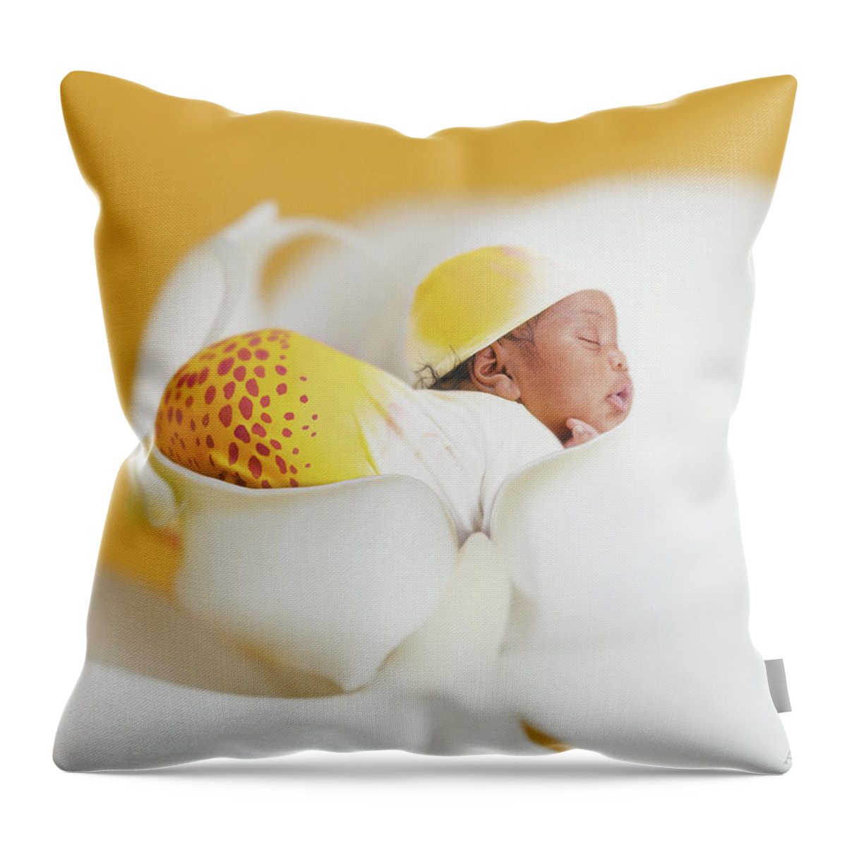 Orchid Throw Pillow featuring the photograph Telayiah in a Moth Orchid by Anne Geddes