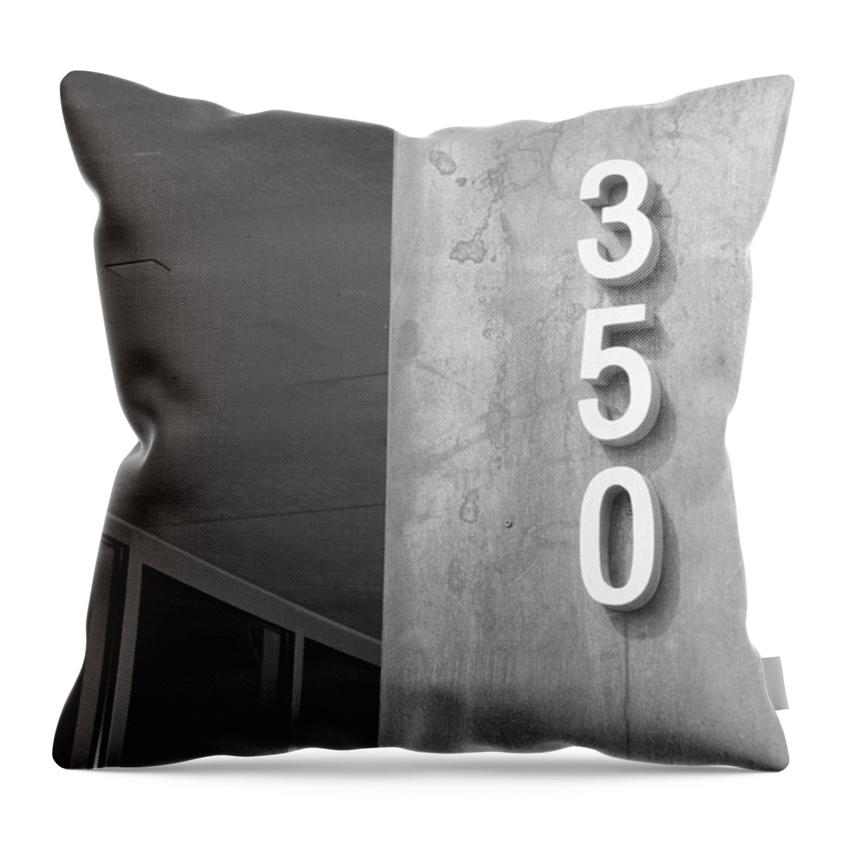 Black White Monochrome Street Film 350 Number Building Address Throw Pillow featuring the photograph 350 by Ken DePue