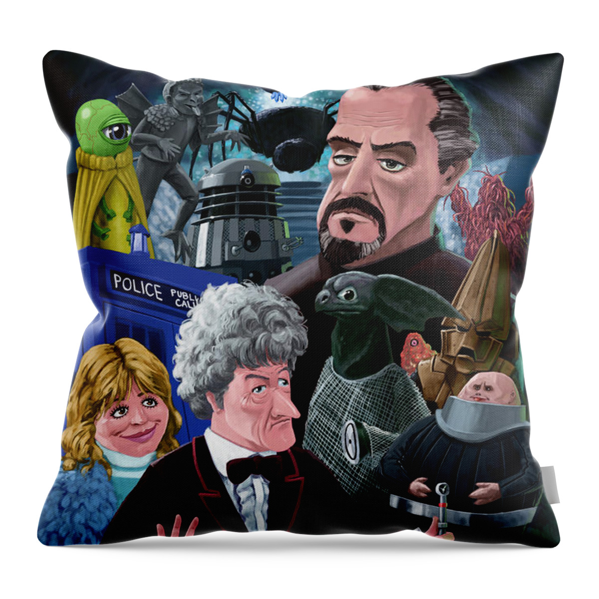 Doctor Who Throw Pillow featuring the digital art 3rd Dr Who and Friends by Martin Davey