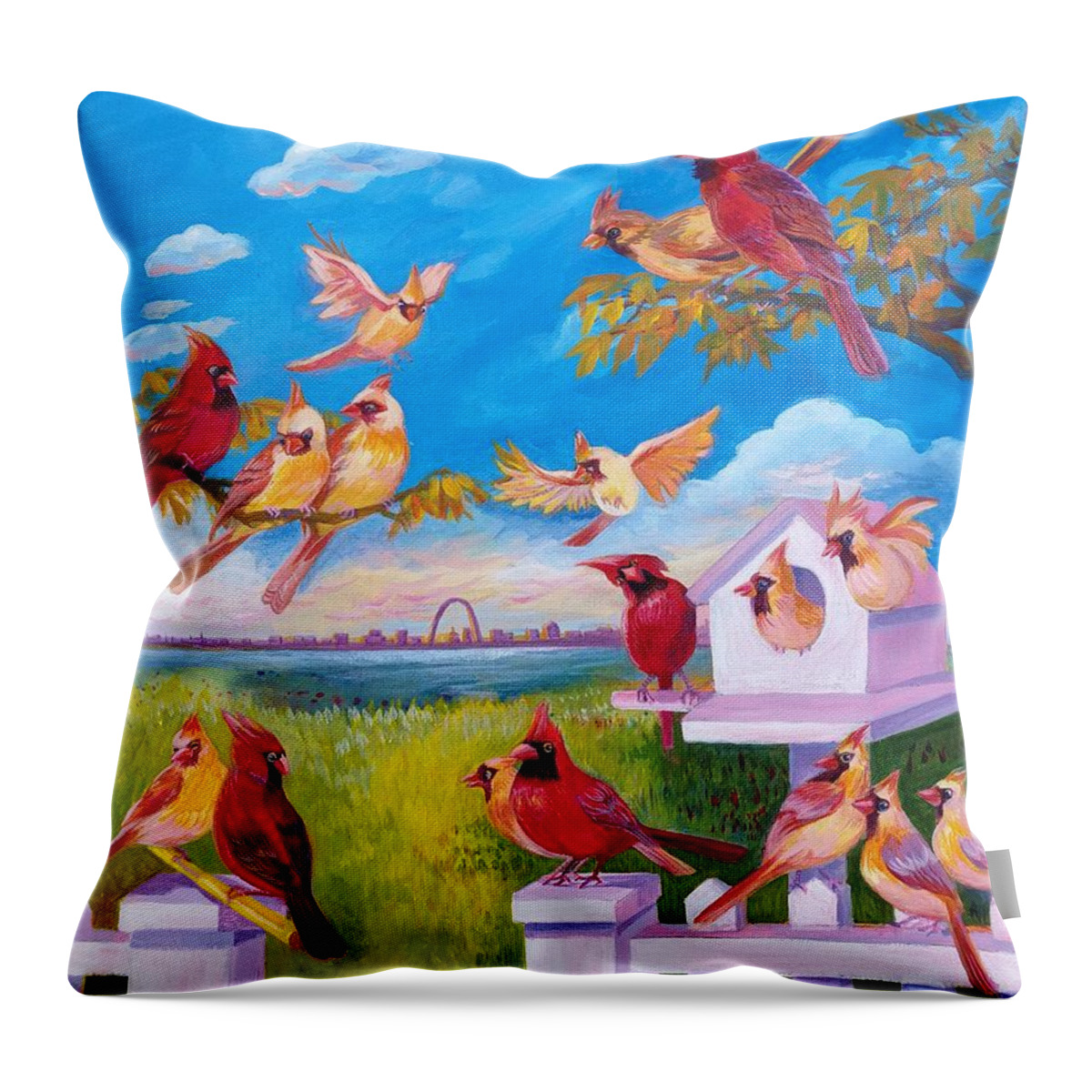 Cardinals Throw Pillow featuring the painting A happy family #3 by Ping Yan