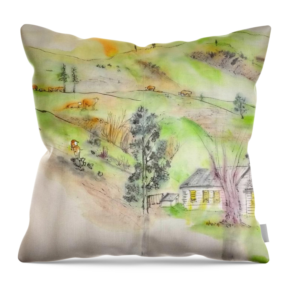 Idaho.landscape. Spring. Cattle. Children. Church Throw Pillow featuring the painting a trip to Lewiston in Autumn album #4 by Debbi Saccomanno Chan