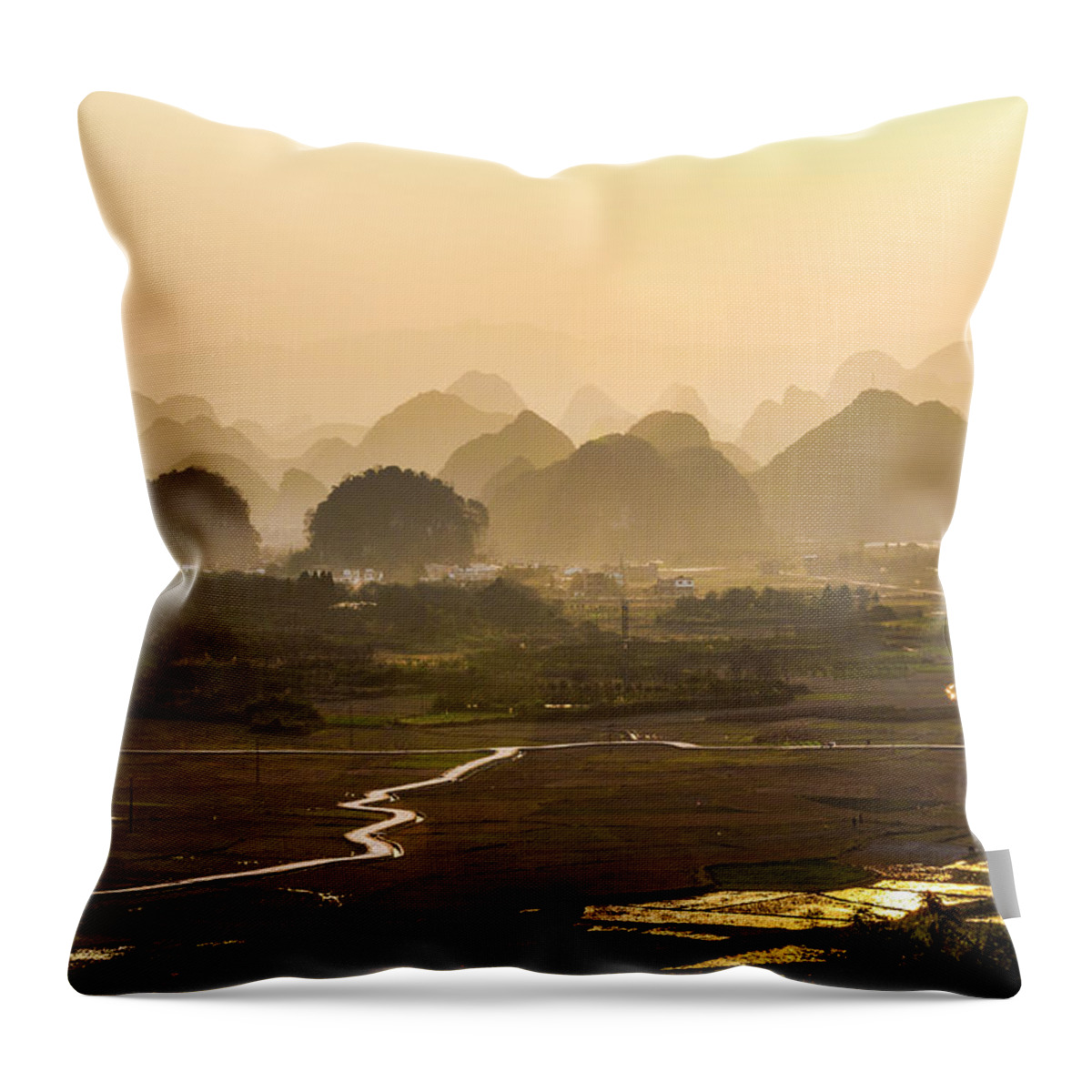 Karst Throw Pillow featuring the photograph Karst mountains scenery in sunset #4 by Carl Ning
