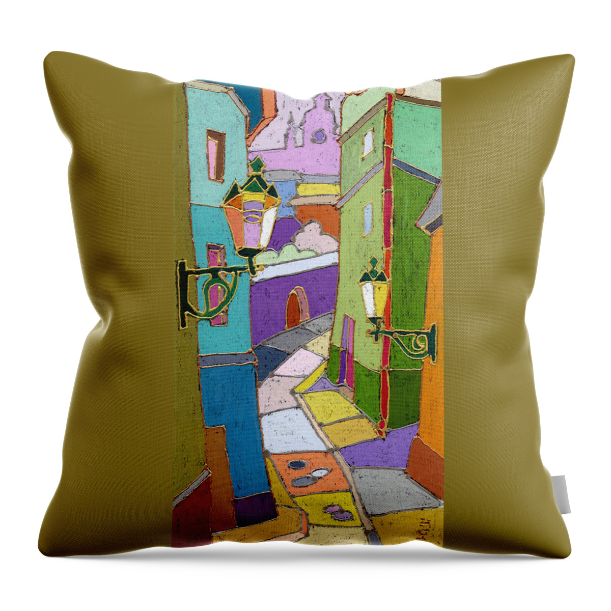 Pastel Throw Pillow featuring the painting Prague Old Street #4 by Yuriy Shevchuk