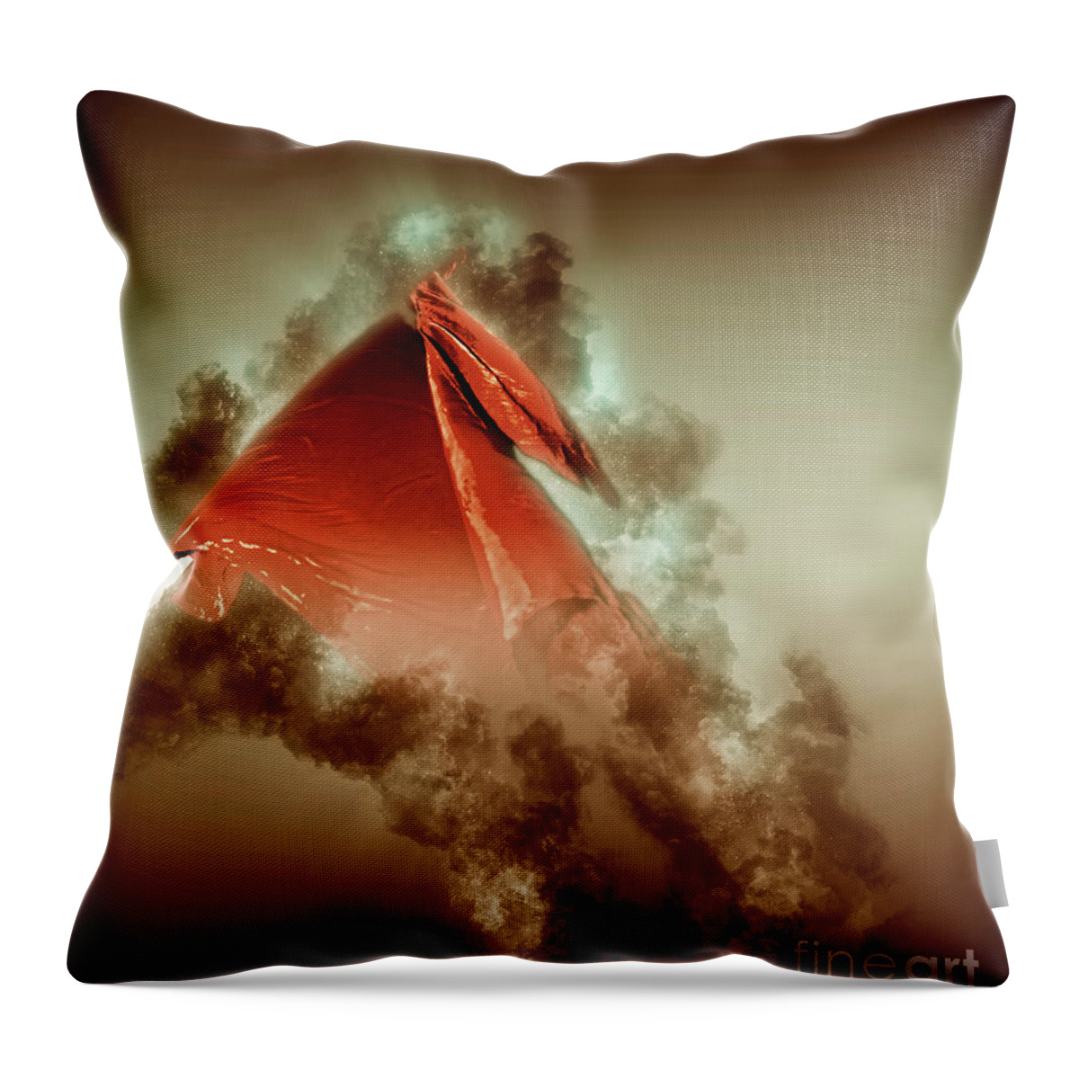 Red Throw Pillow featuring the photograph Red flag on black background #4 by Humourous Quotes