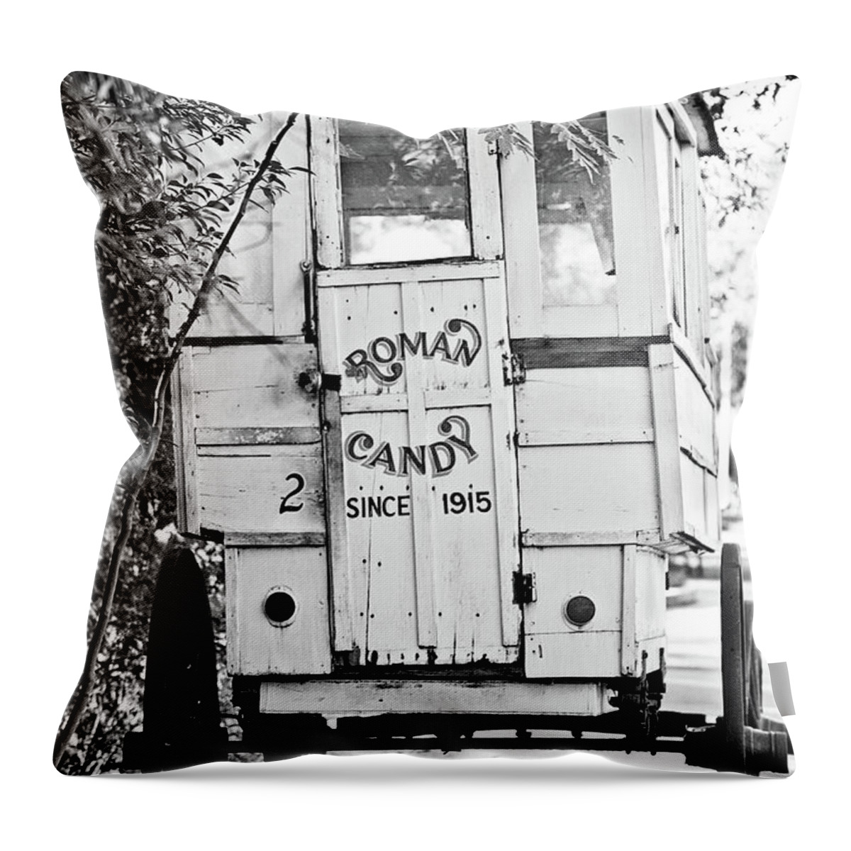 Roman Candy Throw Pillow featuring the photograph Roman Candy Cart - BW by Scott Pellegrin