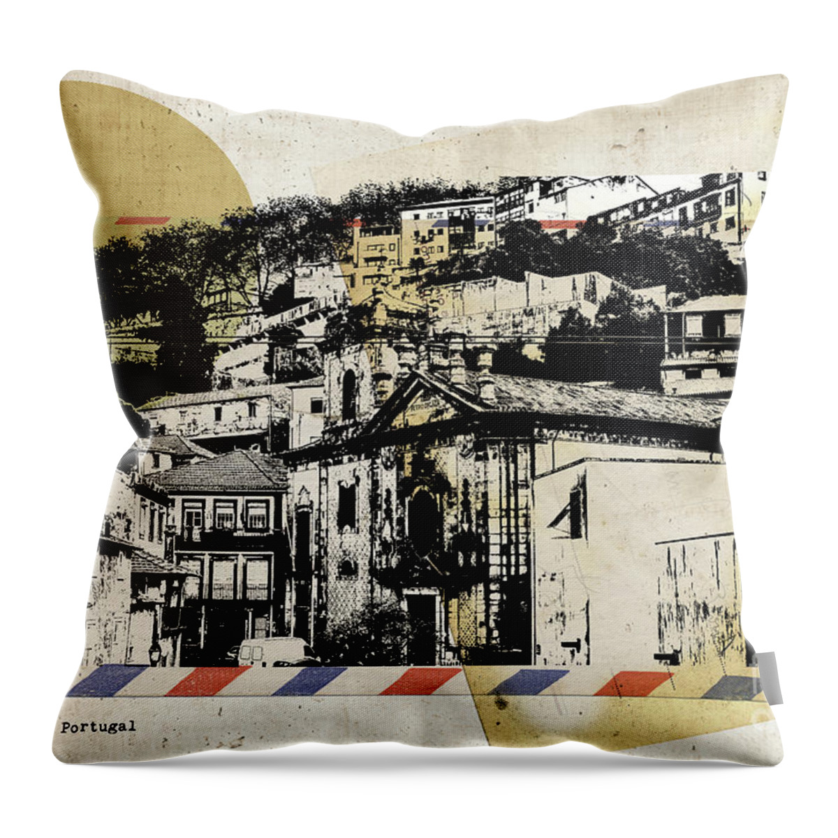 Porto Throw Pillow featuring the digital art stylish retro postcard of Porto #3 by Ariadna De Raadt