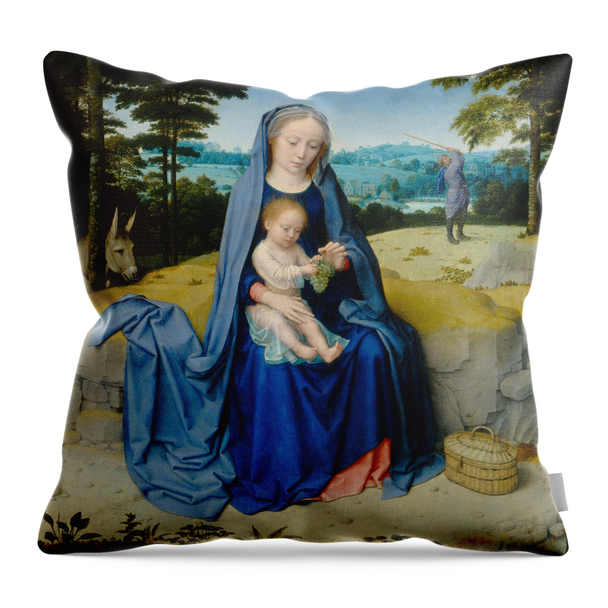 Blessed Virgin Mary Throw Pillow featuring the painting The Rest on the Flight into Egypt #4 by Gerard David