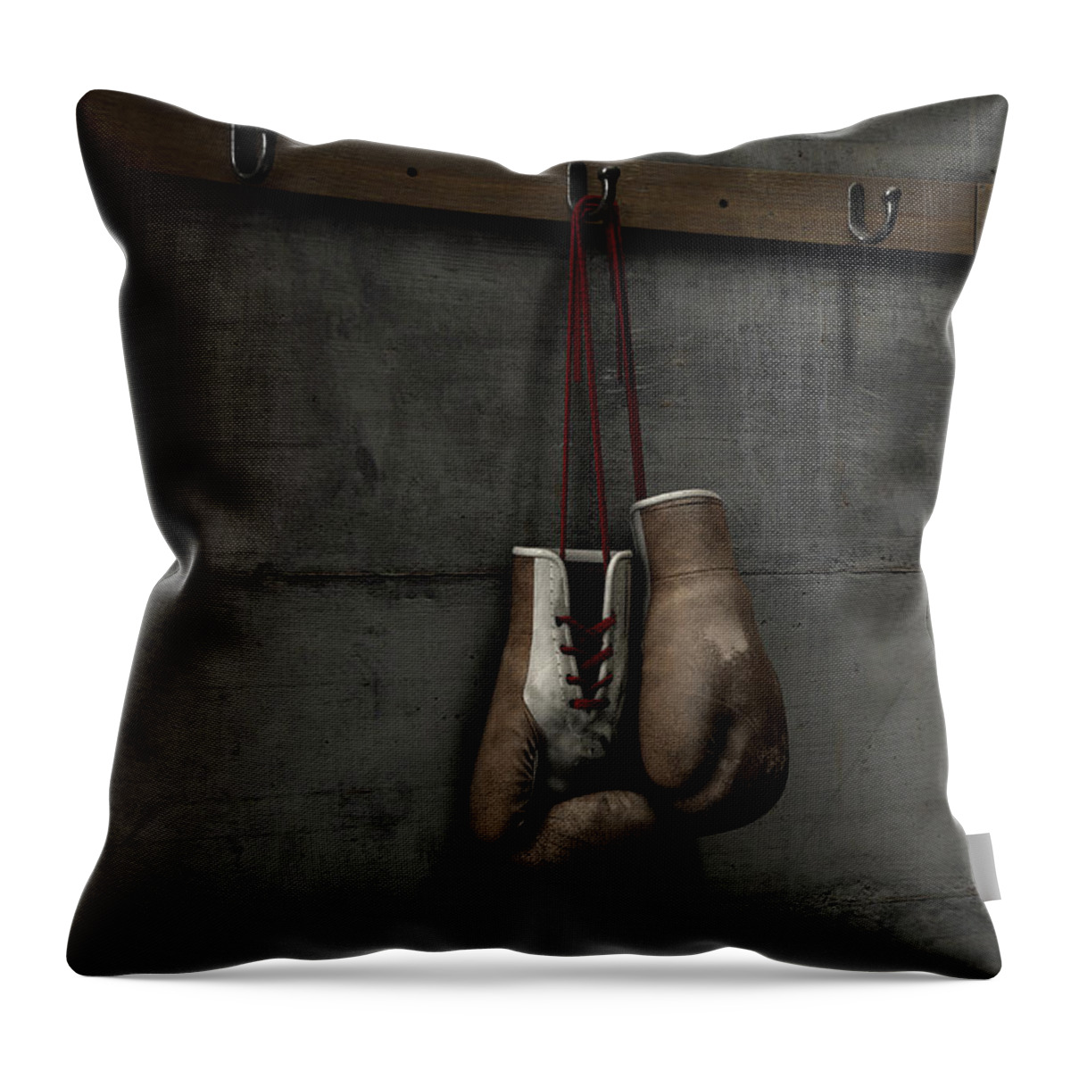 Worn Throw Pillow featuring the digital art Worn Vintage Boxing Gloves Hanging In Change Room #4 by Allan Swart