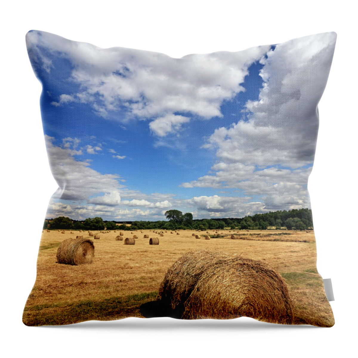 Summer Bale Bales Of Hay In The English Countryside At Minster Lovell Oxfordshire England Uk Britain British Field Landscape Summer Scene Idyllic Tranquil Scenic Round Circular Cotswolds Fluffy Clouds Blue Sky Throw Pillow featuring the photograph Bales of Hay in the English Countryside #10 by Julia Gavin