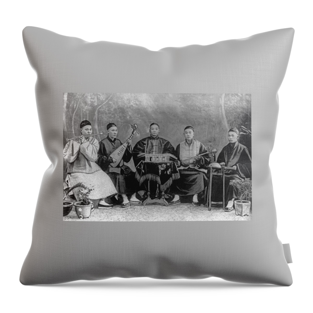 Musician Throw Pillow featuring the painting 5 Chinese musicians playing flute, 2-stringed fiddle, 3-stringed psaltery, drums, and small bells by Celestial Images