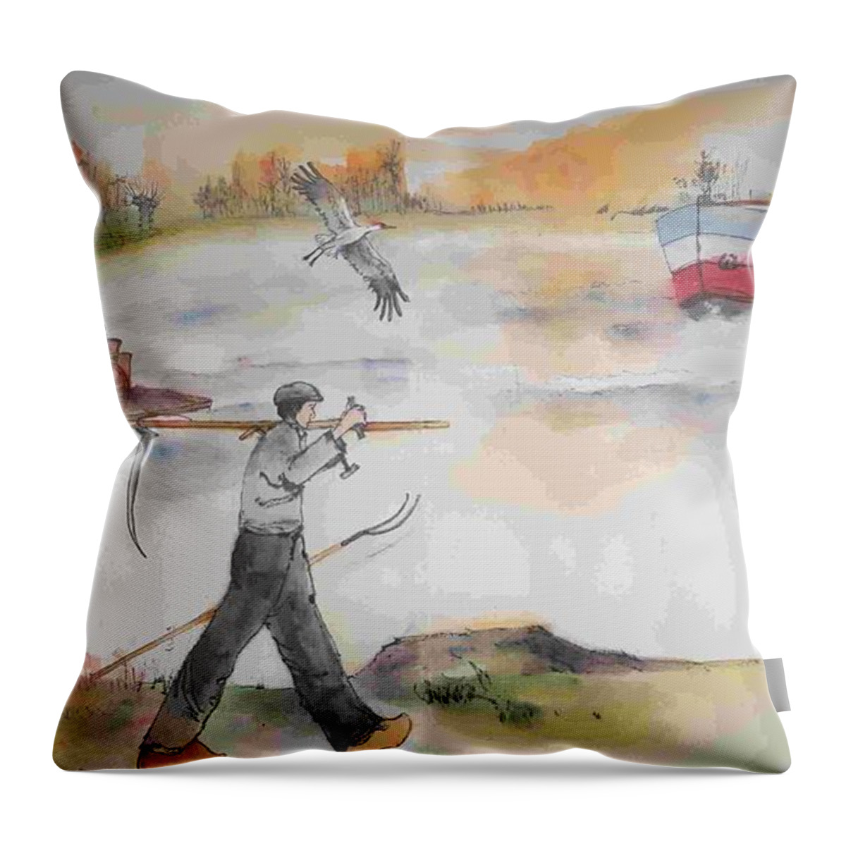 The Netherlands. Landscape. Barges. Horses. Throw Pillow featuring the painting Land of windmill clogs and tulips album #5 by Debbi Saccomanno Chan