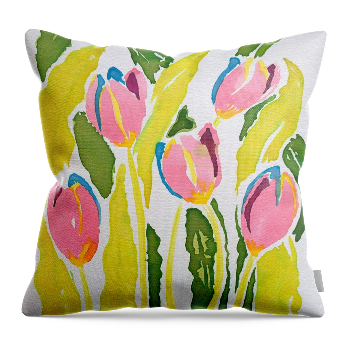 Art Throw Pillow featuring the painting 5 Pink Tulips Watercolor by Delynn Addams
