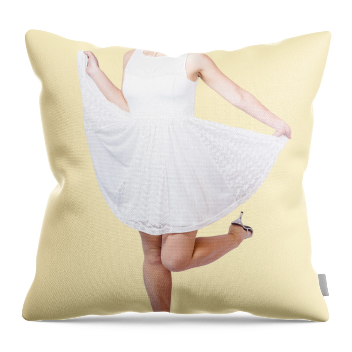 Pin-up Throw Pillow featuring the photograph 50s Pinup Woman In White Dress Dancing by Jorgo Photography