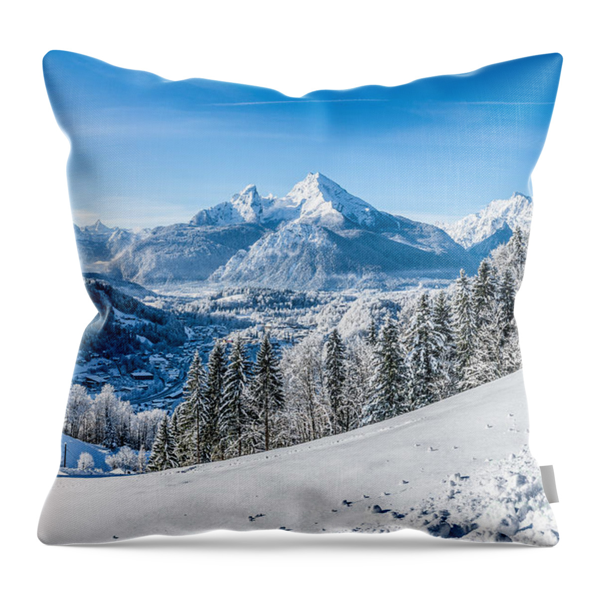 Alpen Throw Pillow featuring the photograph Snowy landscape in the Alps by JR Photography