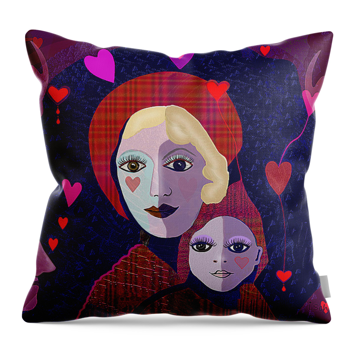 638 Mother Child Hearts A Throw Pillow featuring the painting 638 Mother Child Hearts A by Irmgard Schoendorf Welch